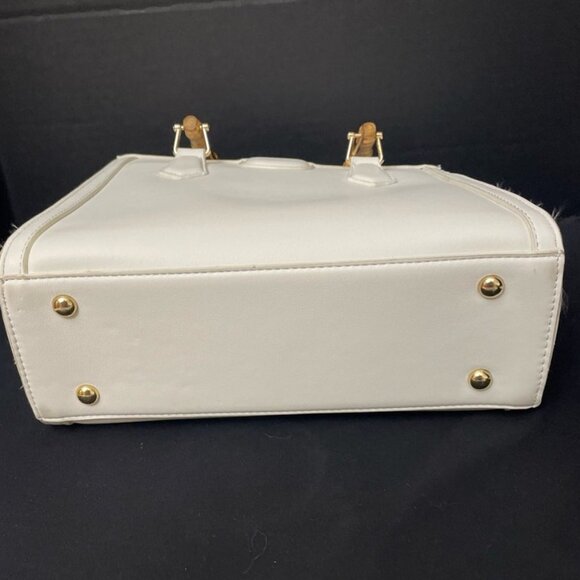 White Faux Leather Handbag w/ Bamboo Double Handles Free Standing Footed - Picture 6 of 11